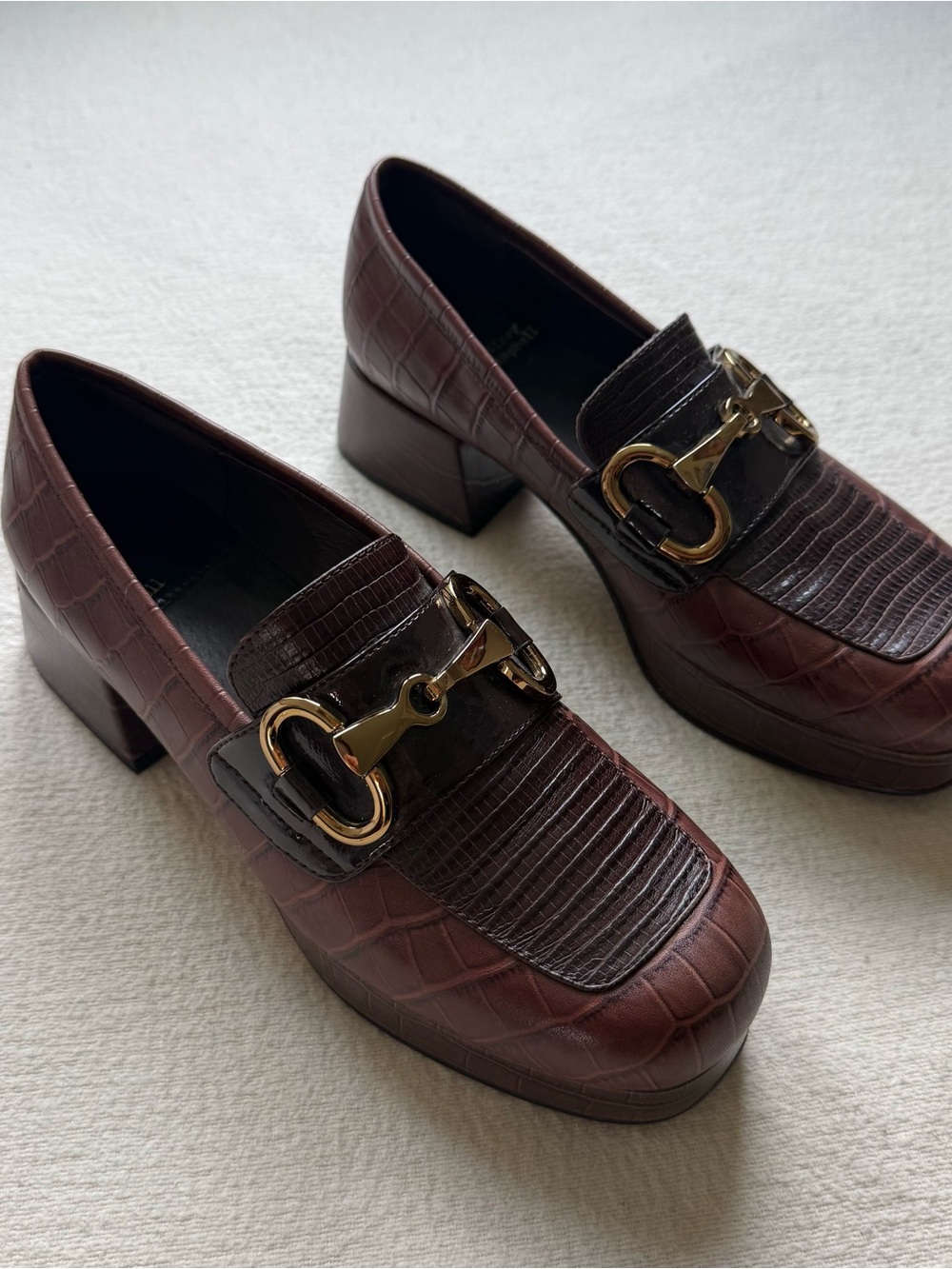 Jeffrey Campbell Student-2 Women’s Brown Croc-Embossed Loafers with Gold Bit - Picture 3 of 7